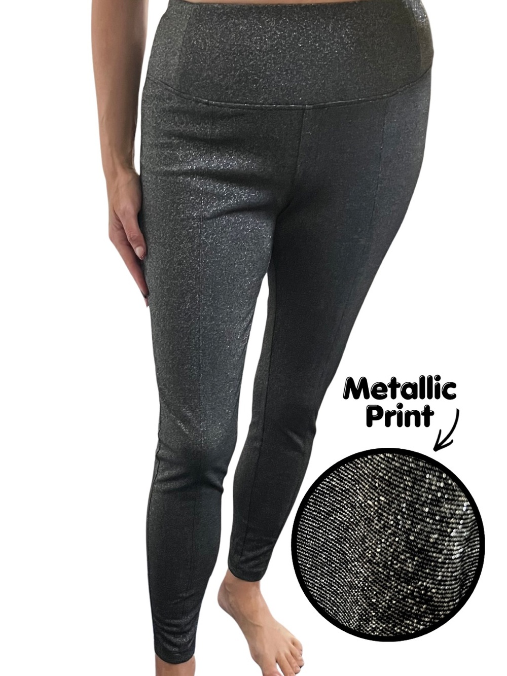 Metallic Black High-Waist Tummy Control Ponte Leggings